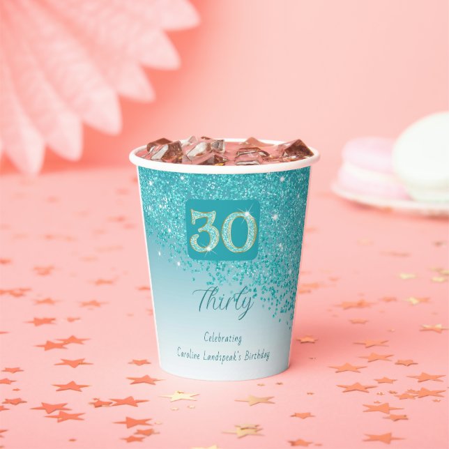 30th Birthday Party Sparkle Teal Blue Glitter Paper Cups (Insitu)
