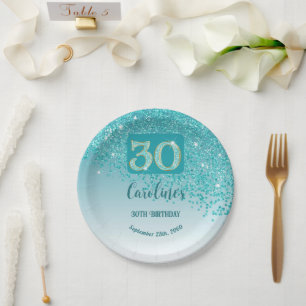 30th Birthday Party Sparkle Teal Blue Glitter Paper Plate