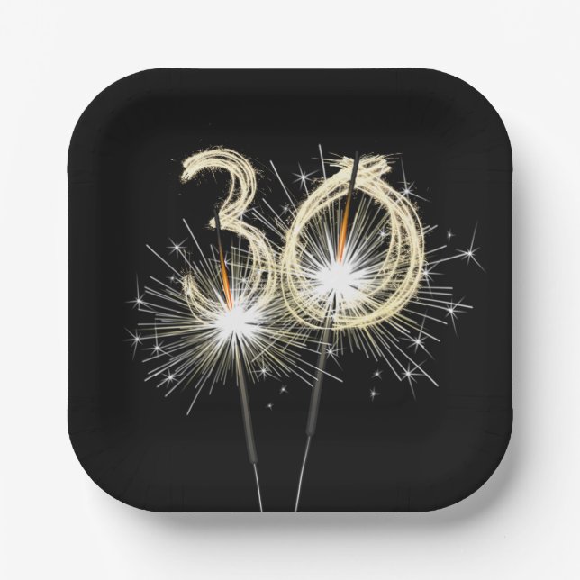 30th Birthday Party Sparklers on Black  Paper Plate (Front)