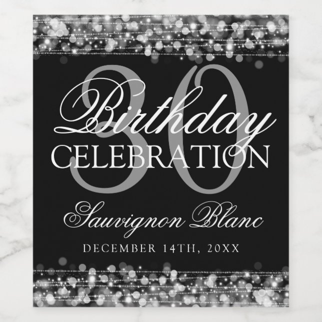 30th Birthday Party Sparkles Silver Wine Label (Single Label)