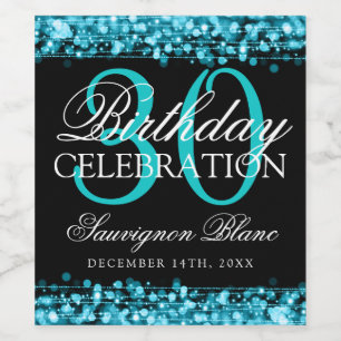 30th Birthday Party Sparkles Turquoise Wine Label