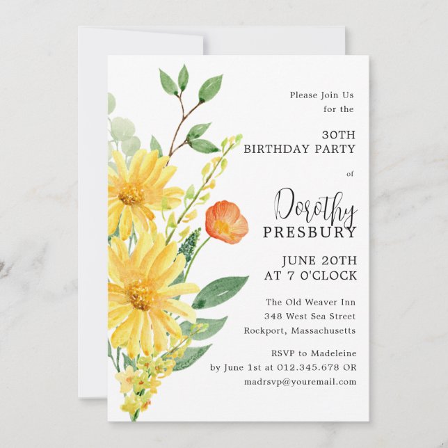 30th Birthday Party Spring Yellow Floral Invitation (Front)