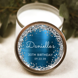30th Birthday Party Teal Blue Silver Glitter Classic Round Sticker
