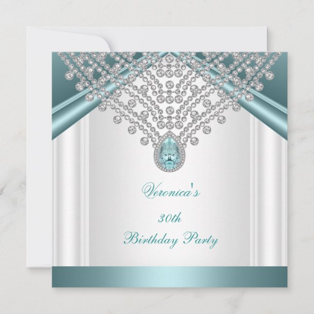 30th Birthday Party Teal Blue White Diamonds Invitation (Front)
