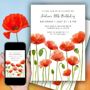 30th Birthday Party Watercolor Floral Poppies Invitation