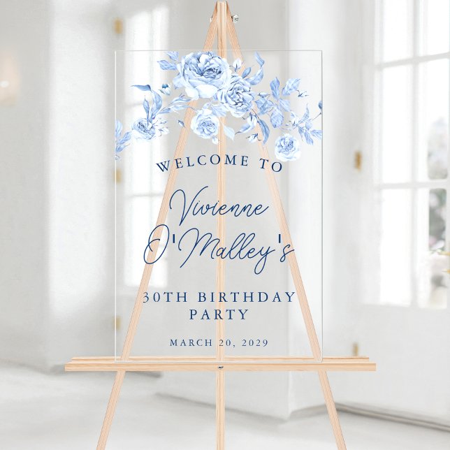 30th Birthday Party Welcome Blue Rose Floral Acrylic Sign (Creator Uploaded)