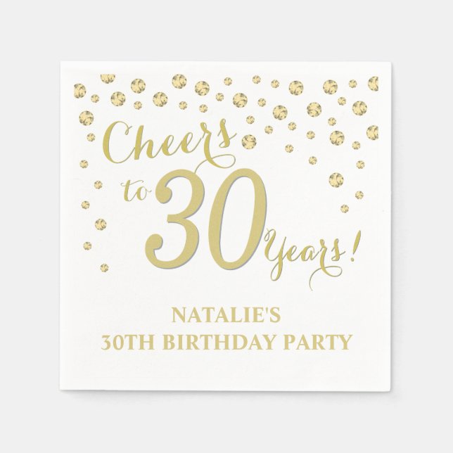 30th Birthday Party White and Gold Diamond Napkin (Front)
