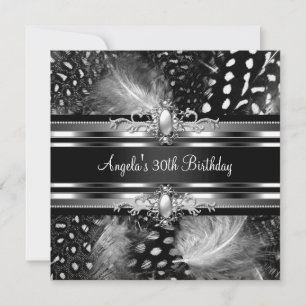 30th Birthday Party Wild Feathers Silver Black Invitation