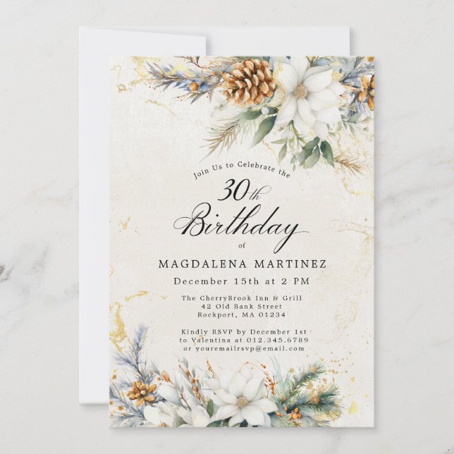 30th Birthday Party Winter White Floral Greenery Invitation (Front)