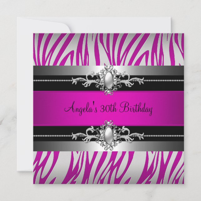 30th Birthday Party Zebra Hot Pink Silver Black Invitation (Front)