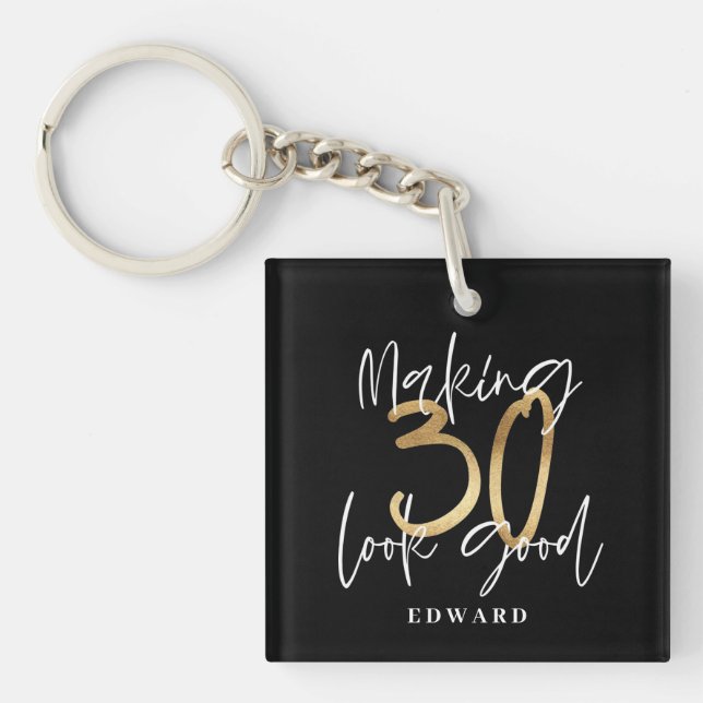 30th birthday personalised favour gift black gold key ring (Front)