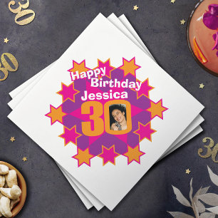 30th birthday photo and name pink star napkins