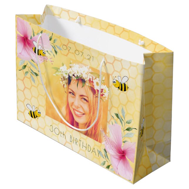 30th birthday photo bee honeycomb pink flowers large gift bag (Back Angled)
