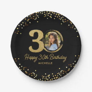 30th Birthday Photo Chic Black Gold Glitter Custom Paper Plate