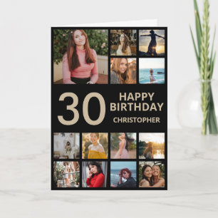 30th Birthday Photo Collage 13 Photos Black & Gold Card