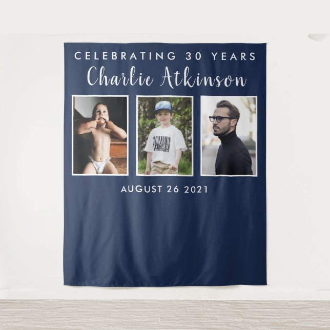 30th birthday photo collage backdrop banner tapestry (Front)