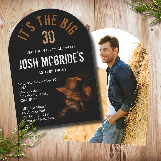 30th Birthday Photo Cowboy Hat Boots Masculine Invitation (Creator Uploaded)