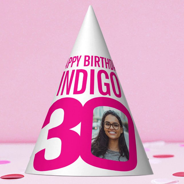 30th birthday photo custom photo pink white party hat (Creator Uploaded)