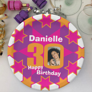 30th birthday photo name pink star paper plate
