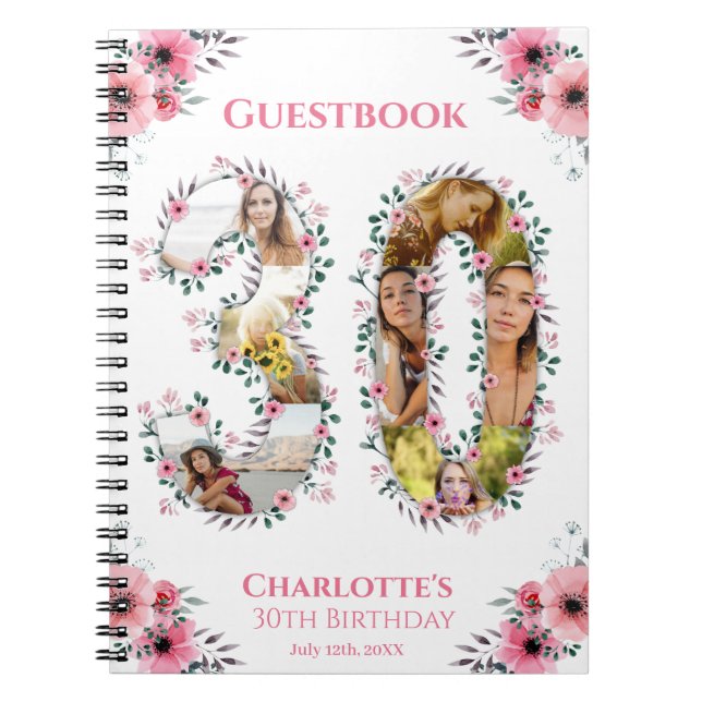 30th Birthday Photo Pink Flower White Guest Book (Front)
