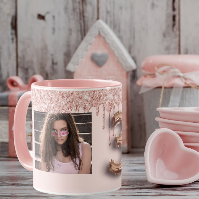 30th birthday photo pink rose gold glitter balloon mug (Creator Uploaded)