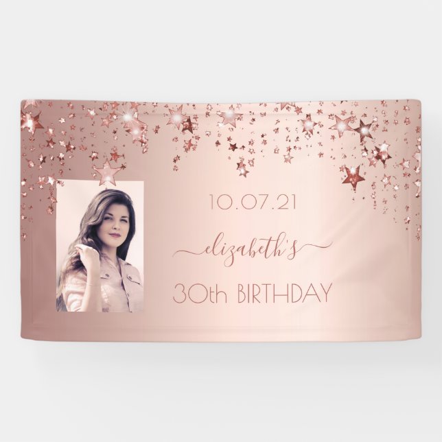 30th birthday photo rose gold pink glittery stars banner (Horizontal)