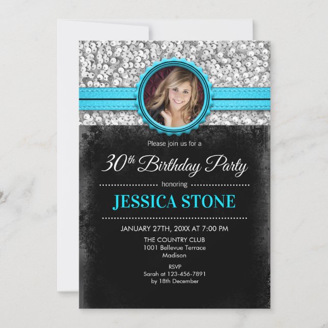 30th Birthday Photo - Silver Black Aqua Blue Invitation (Front)