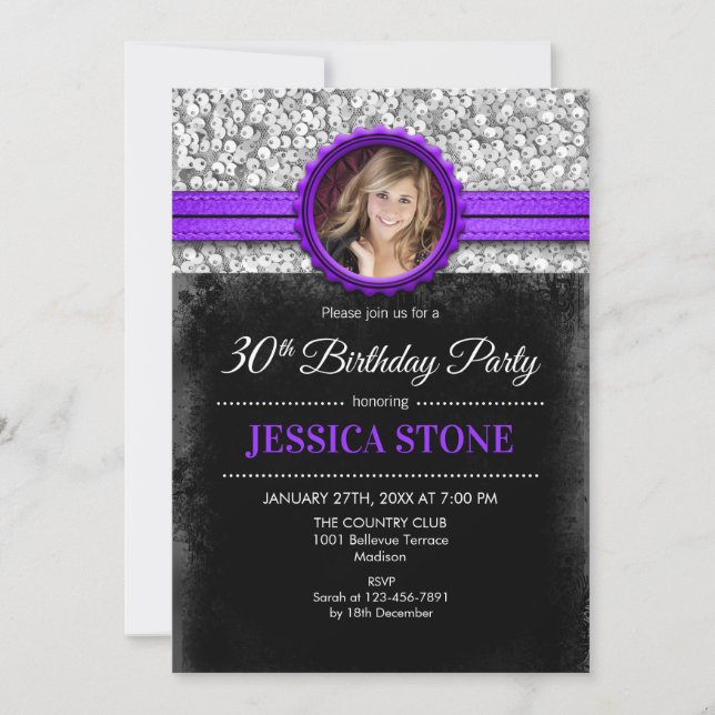 30th Birthday Photo - Silver Black Purple Invitation (Front)