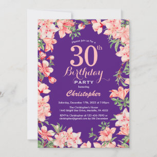 30th Birthday Pink Floral Flowers Purple Violet Invitation