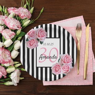 30th birthday pink florals black white stripes paper plate