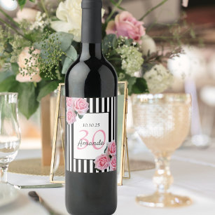 30th birthday pink flowers black white stripes wine label