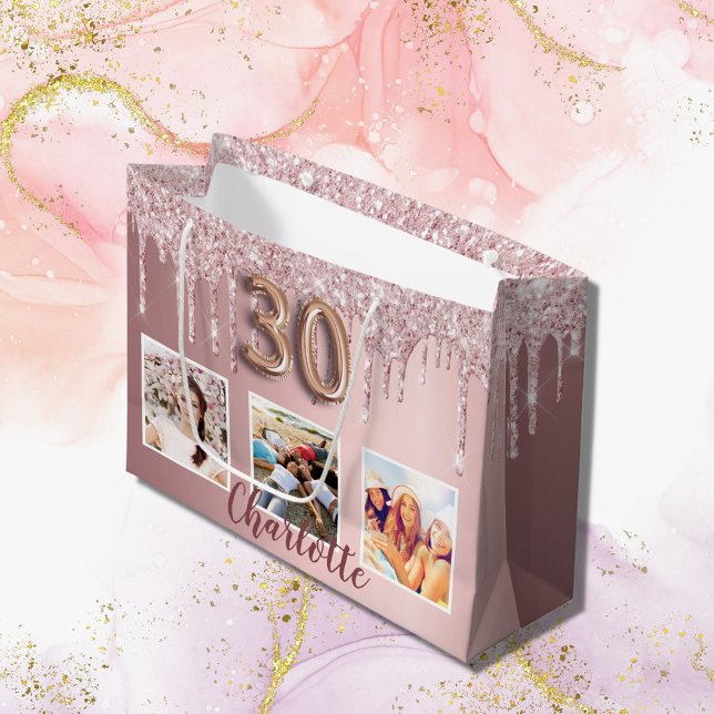 30th birthday pink glitter drips photo monogram large gift bag (Creator Uploaded)