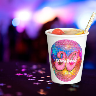 30th Birthday Pink Glitter Groovy 70s Disco Ball Paper Cups