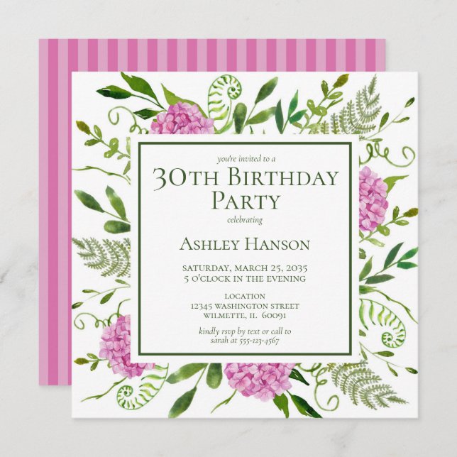 30th Birthday Pink Hydrangeas Invitation (Front/Back)