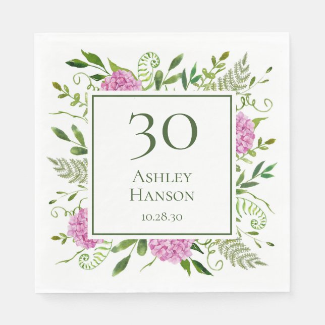 30th Birthday Pink Hydrangeas Napkin (Front)