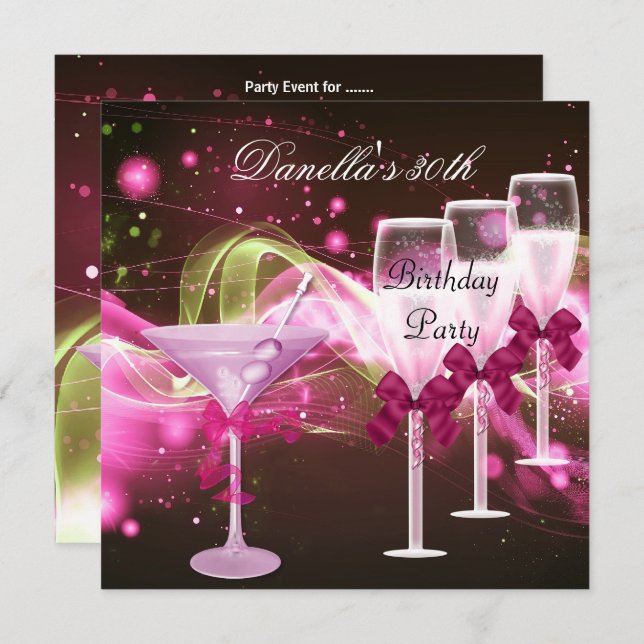 30th Birthday Pink Martini Champagne Invitation (Front/Back)