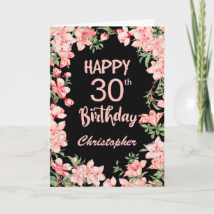 30th Birthday Pink Peach Watercolor Floral Black Card