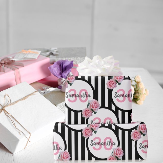 30th birthday pink roses black white stripes name wrapping paper (Creator Uploaded)