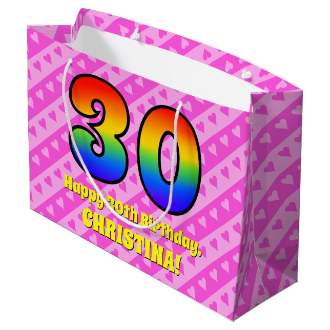 30th Birthday: Pink Stripes & Hearts, Rainbow # 30 Large Gift Bag (Back Angled)