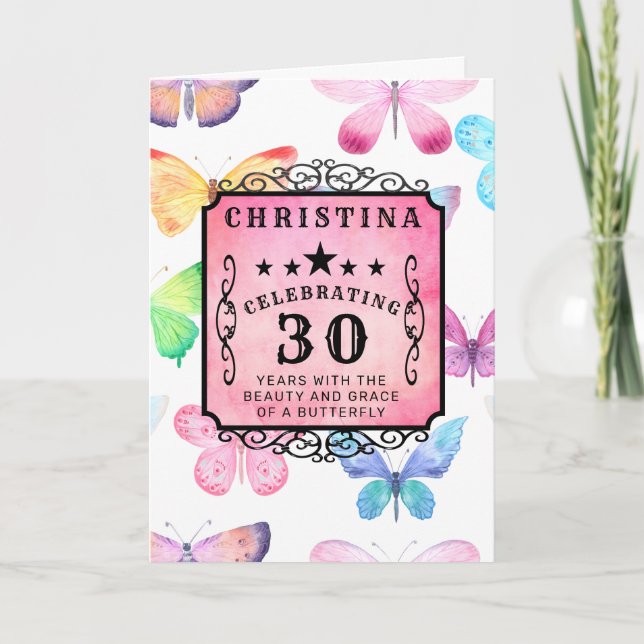 30th Birthday Pink Watercolor Butterfly Greeting Card (Front)