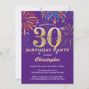 30th Birthday Purple and Gold Rainbow Fireworks Invitation