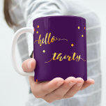 30th birthday purple gold hello thirty typography coffee mug<br><div class="desc">Elegant and modern for a 30th birthday gift.  Girly and feminine dark purple backdrop and faux gold text written with a trendy hand-lettered style script: hello thirty. With golden dots as decor.</div>