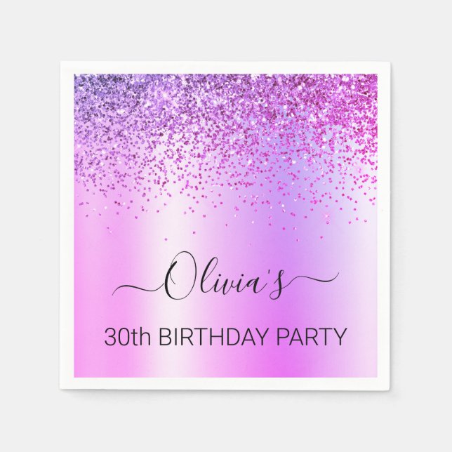 30th Birthday Purple Monogram Glitter Napkin (Front)