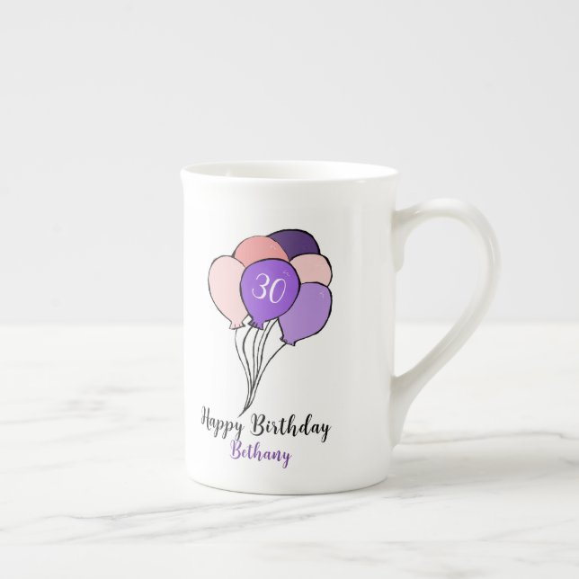 30th birthday purple & pink bunch of balloons bone china mug (Right)
