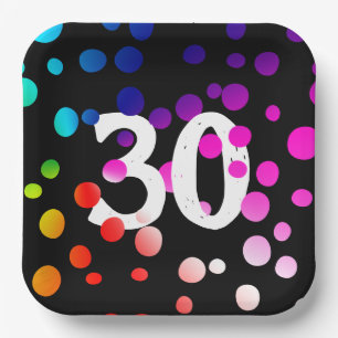 30th Birthday Rainbow Dots on Black Paper Plate