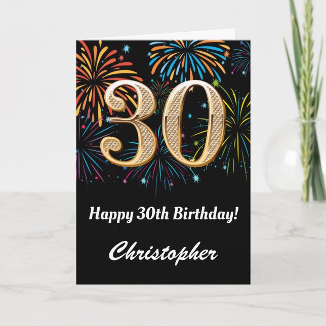 30th Birthday Rainbow Fireworks Black and Gold Card (Front)