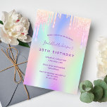 30th birthday rainbow glitter pink rose gold invitation<br><div class="desc">A girly and feminine 30th birthday party invitation. On front: A rainbow coloured background in purple, pink, mint green, rose gold. Decorated with faux glitter drips in purple, pink and faux gold. Personalise and add a name and party details. The name is written with a hand lettered style script, purple...</div>