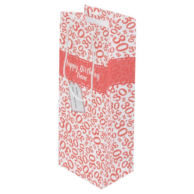 30th Birthday Random Number Pattern Coral/White Wine Gift Bag (Front Angled)