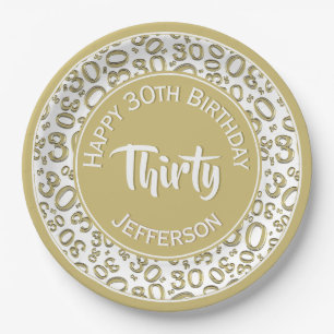 30th Birthday Random Number Pattern Gold/White Paper Plate
