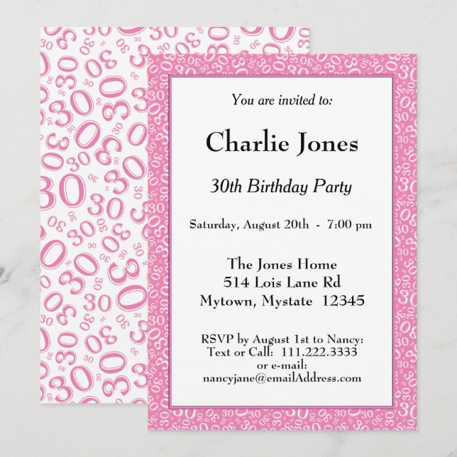 30th Birthday Random Number Pattern Pink/White Invitation (Front/Back)